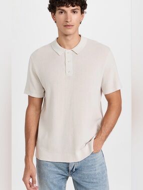 Onia Men’s Cotton Knit Textured Polo Shirt in Off White Stone Size Medium